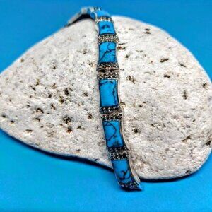Stabilized Turquoise 11x7mm & Marcasite 925 Sterling Silver Bracelet 7"‎